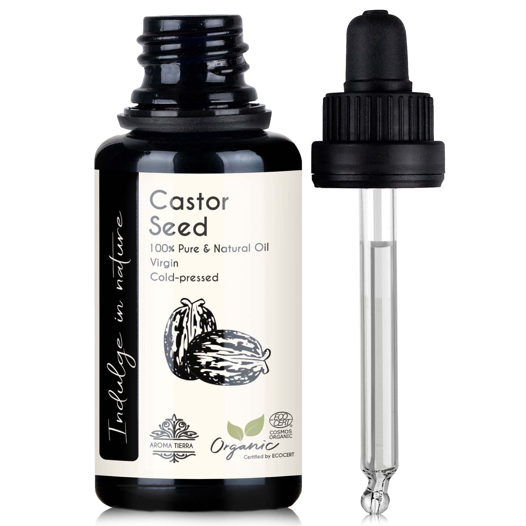 A bottle of Castor Seed Oil with a dropper, labeled as 100% Pure & Natural Oil, cold-pressed and organic.