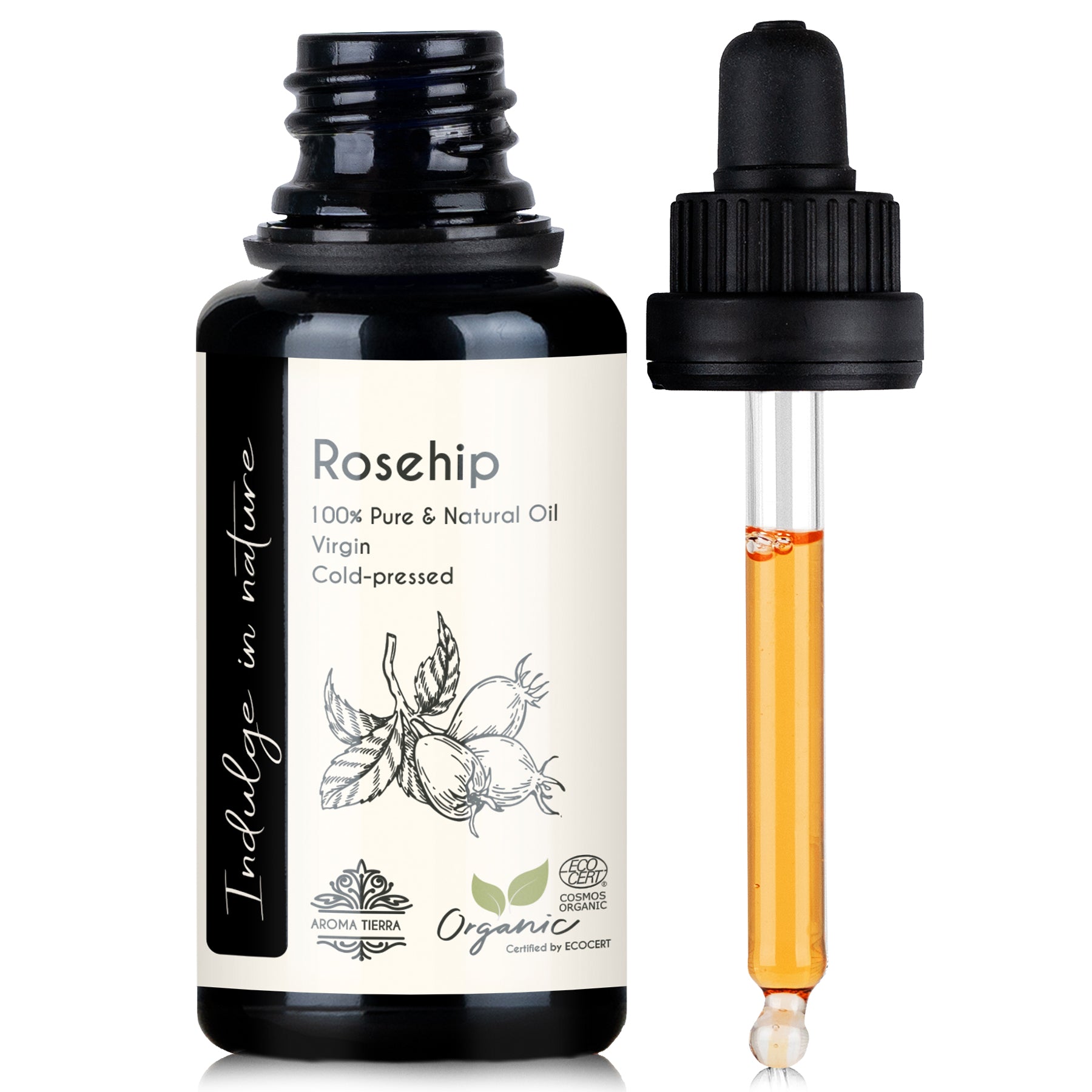 A bottle of organic rosehip oil with a dropper, labeled as 100% pure and natural cold-pressed oil.