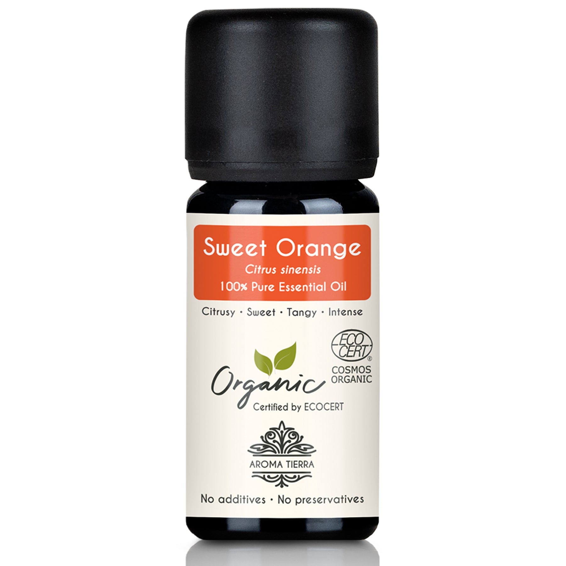 A bottle of Organic Sweet Orange Essential Oil with a label indicating it is 100% Pure Essential Oil, certified organic by ECOCERT.