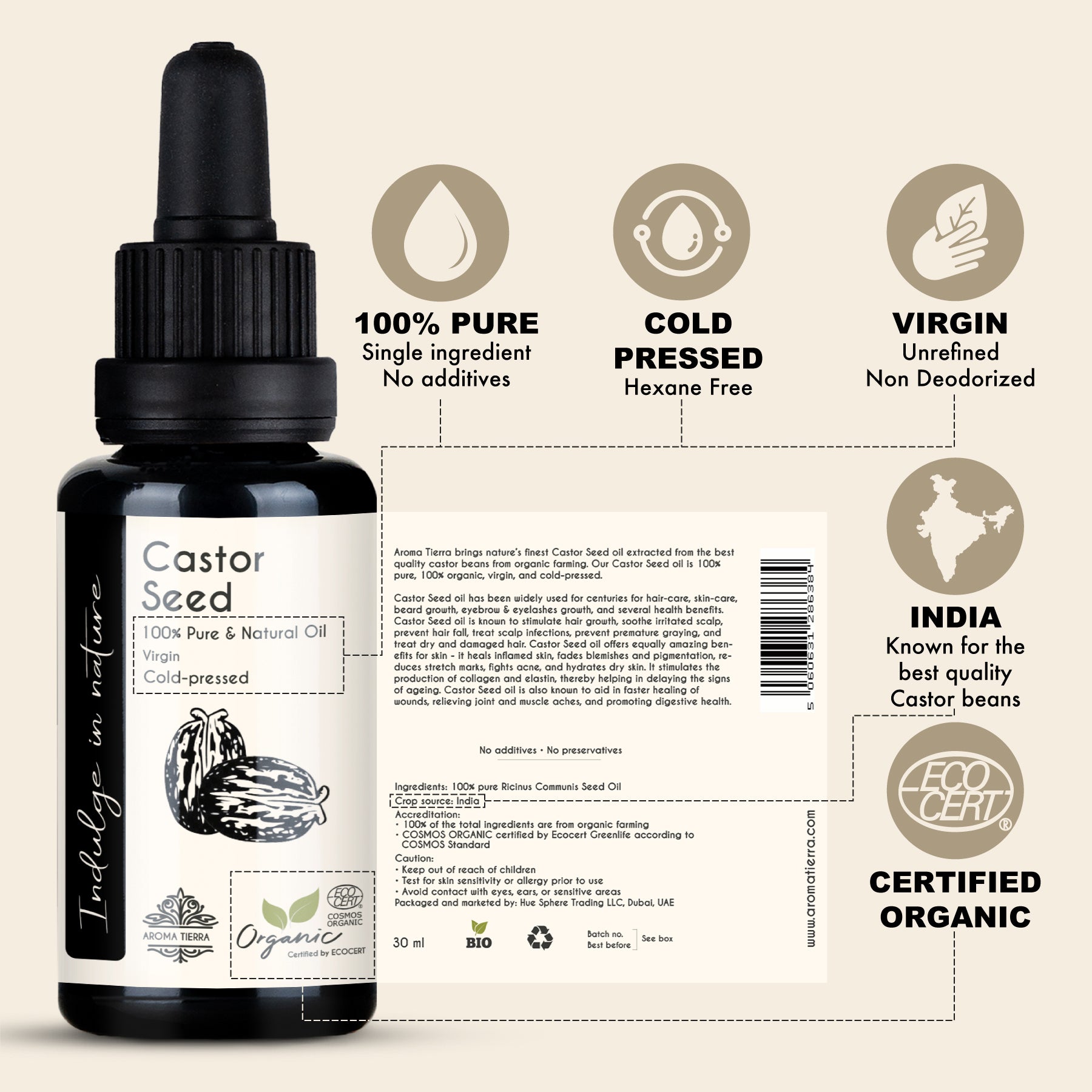 A bottle of Castor Seed Oil with a dropper, labeled as 100% Pure & Natural Oil, cold-pressed and organic with specifications.