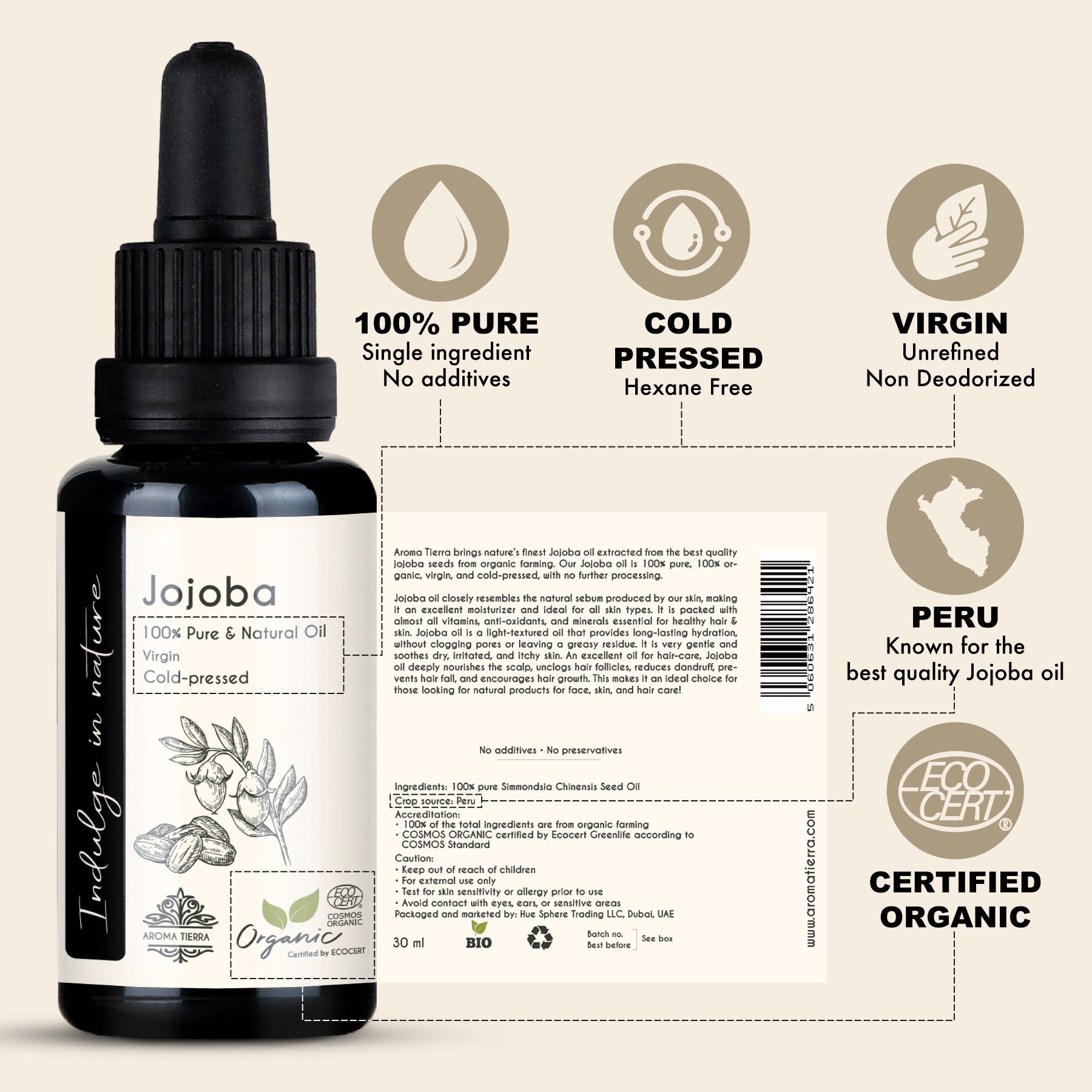 A bottle of organic jojoba oil with a dropper, labeled as 100% pure and natural cold-pressed oil with specifications.
