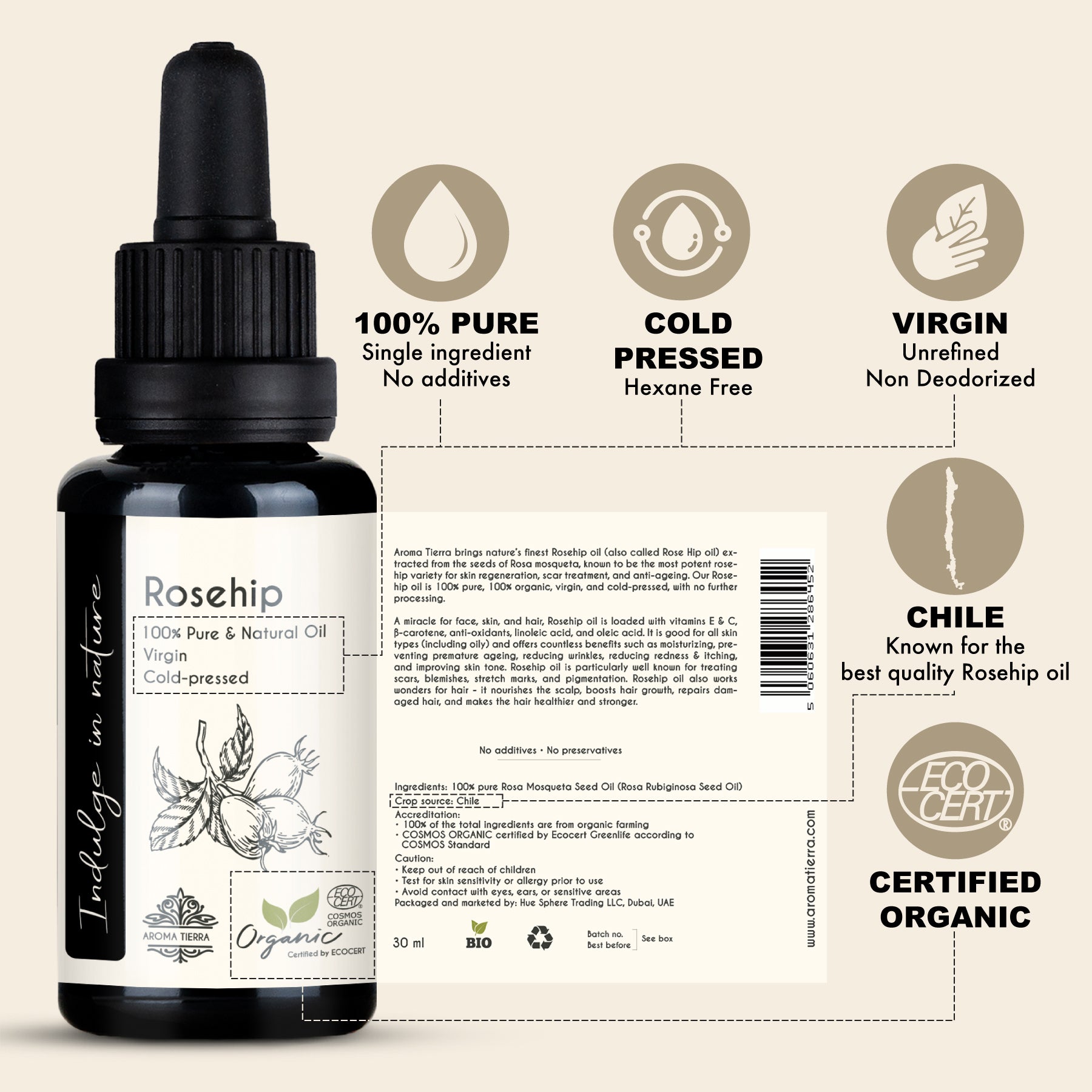 Rosehip bottle with specifications.