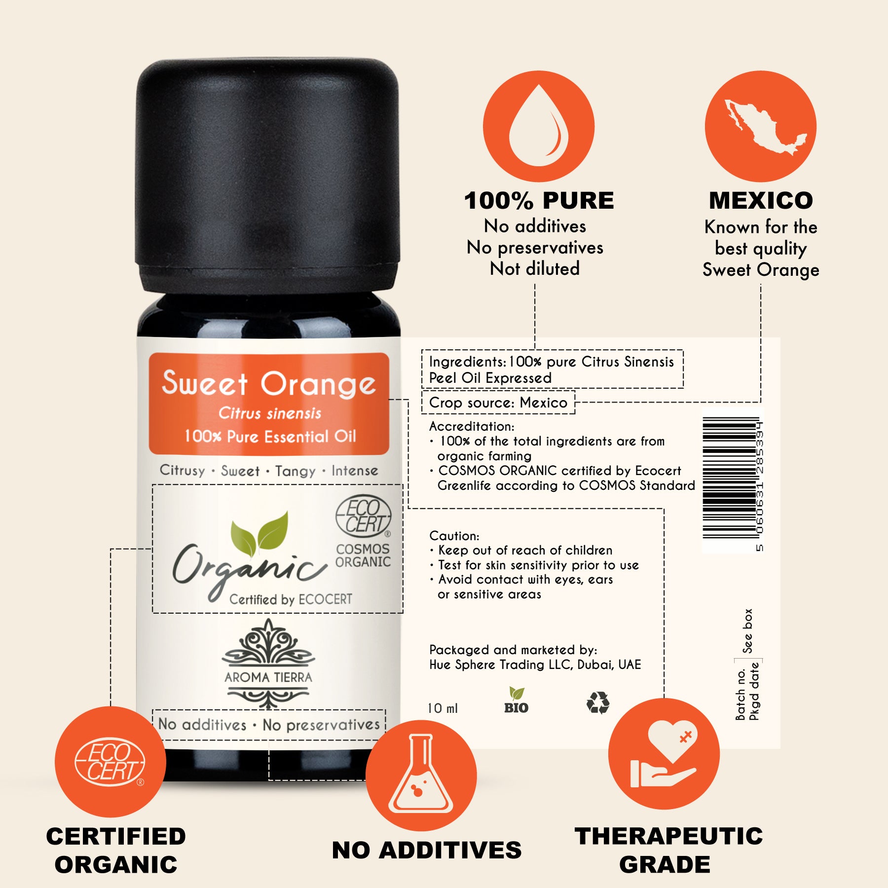 A bottle of Organic Sweet Orange Essential Oil with a label indicating it is 100% Pure Essential Oil, certified organic by ECOCERT with specifications.