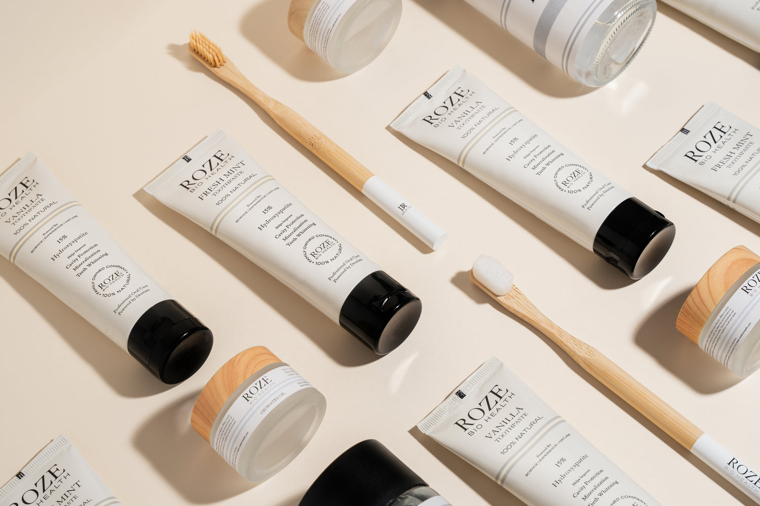 Several toothpastes and tooth brushes branded Roze.