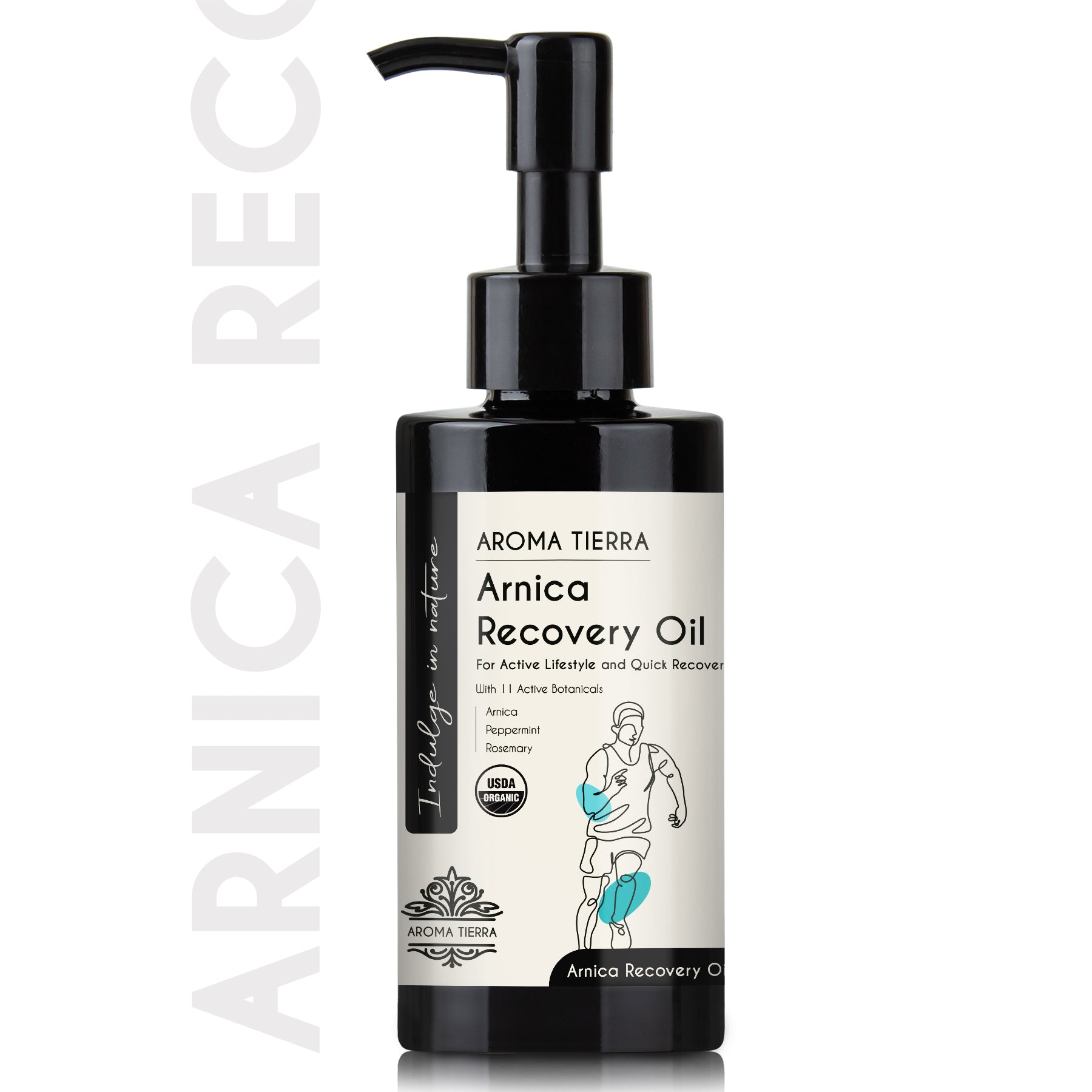 A bottle of Aroma Tierra Arnica Recovery Oil with a black pump dispenser. The label shows an illustration of a person using the oil on their legs and the text ' Arnica Recovery Oil' along with organic and vegan certification symbols.