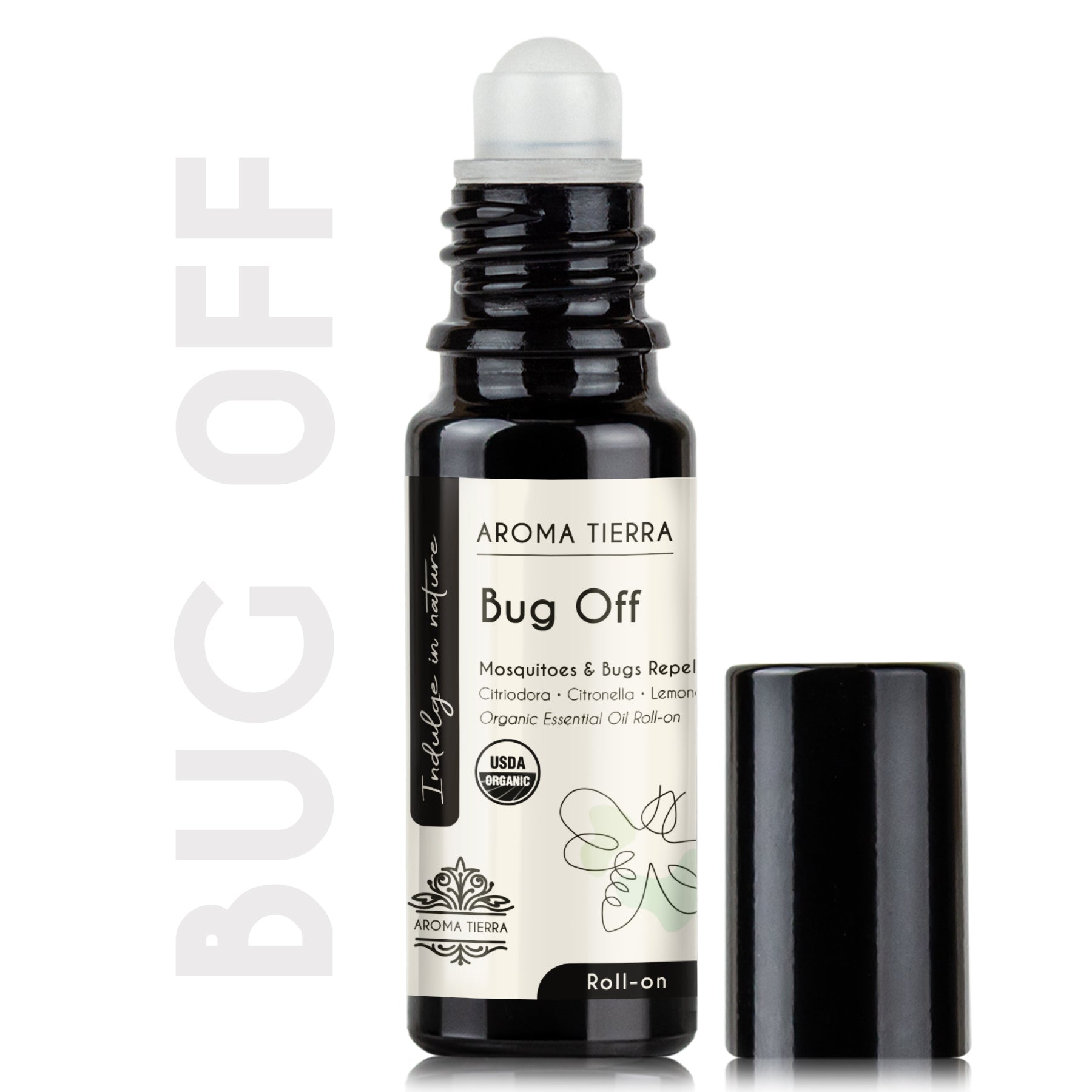Bug Off Organic Essential Oil Roll-on by Aroma Tierra, in a small black roll-on bottle with white label, indicating it is a mosquito and bug repellent.