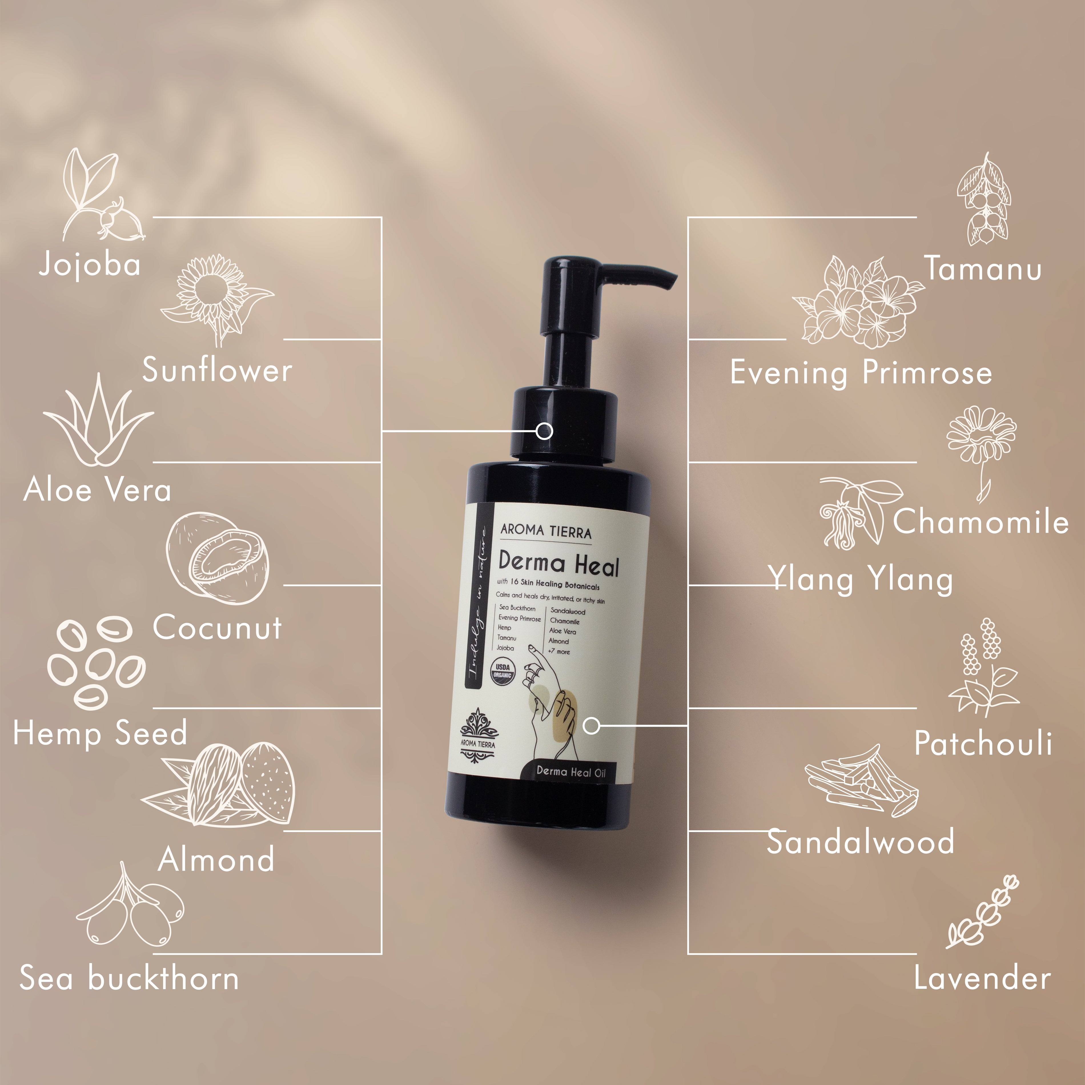 A black pump bottle with white and green labeling, labeled 'Aroma Tierra Derma Heal Oil', indicating it is a skin care product with ingredients.