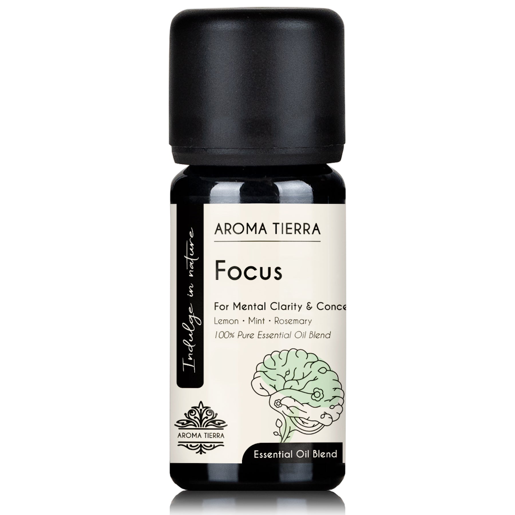 A bottle of Aroma Tierra Focus Essential Oil Blend with the label showing the word 'Focus' and an illustration of a brain. The bottle is black and the label has white and green text.