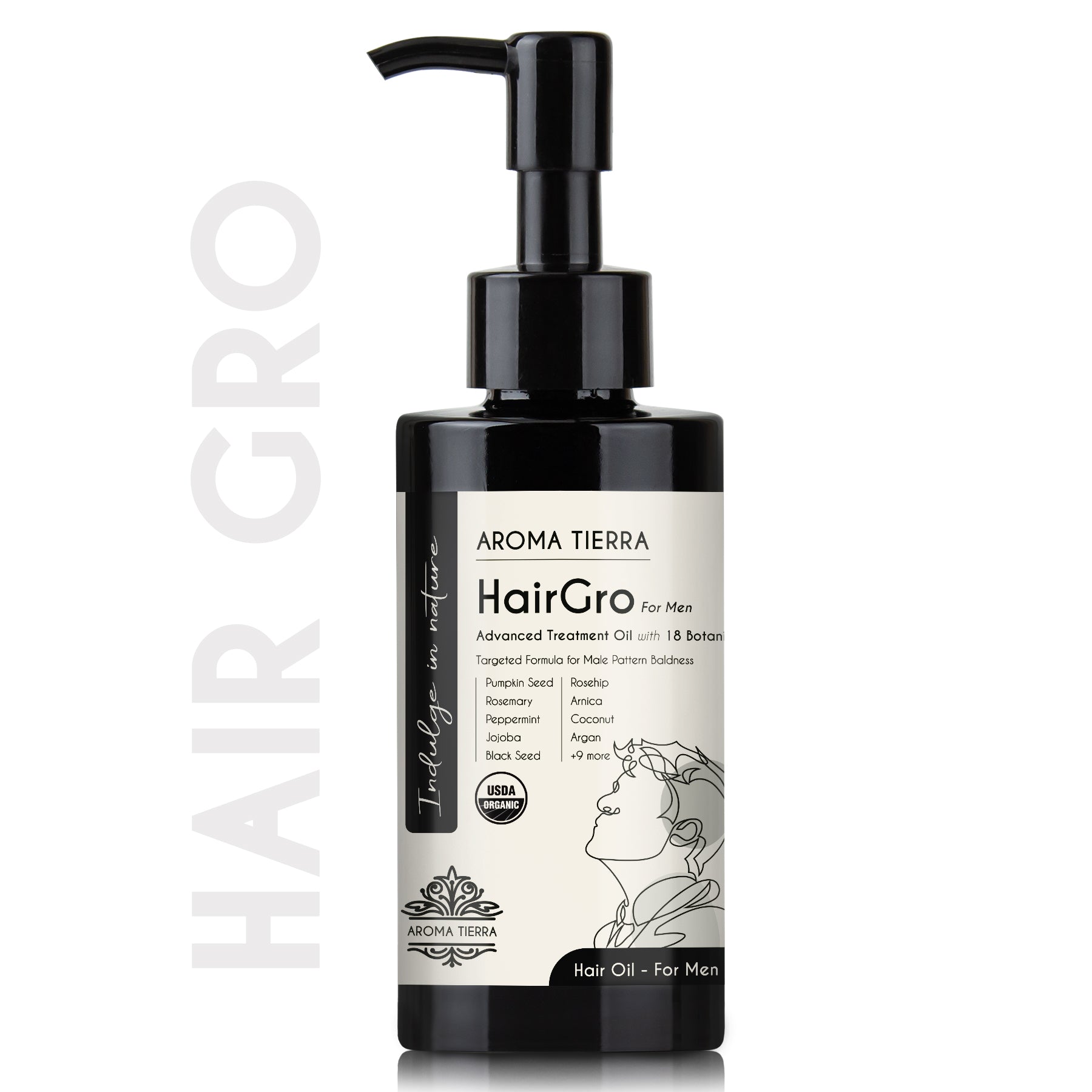 Bottle of Aroma Tierra HairGro Men hair oil with a black pump, labeled for targeting male-pattern baldness and supporting natural hair growth.