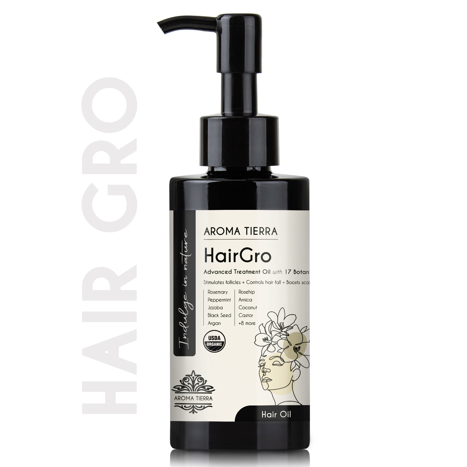 Bottle of Aroma Tierra HairGro Hair Growth Oil with a black pump, featuring a label with decorative elements and text indicating organic and cruelty-free qualities.