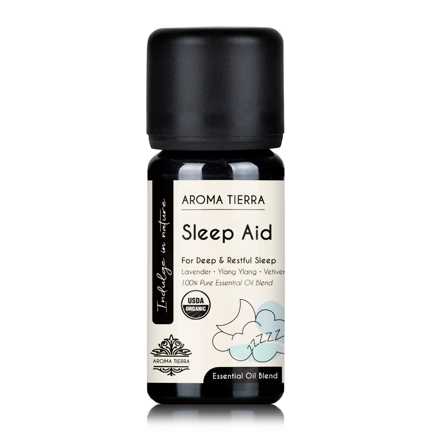 A bottle of Aroma Tierra Sleep Aid Essential Oil Blend, labeled for deep and restful sleep with natural essential oils.