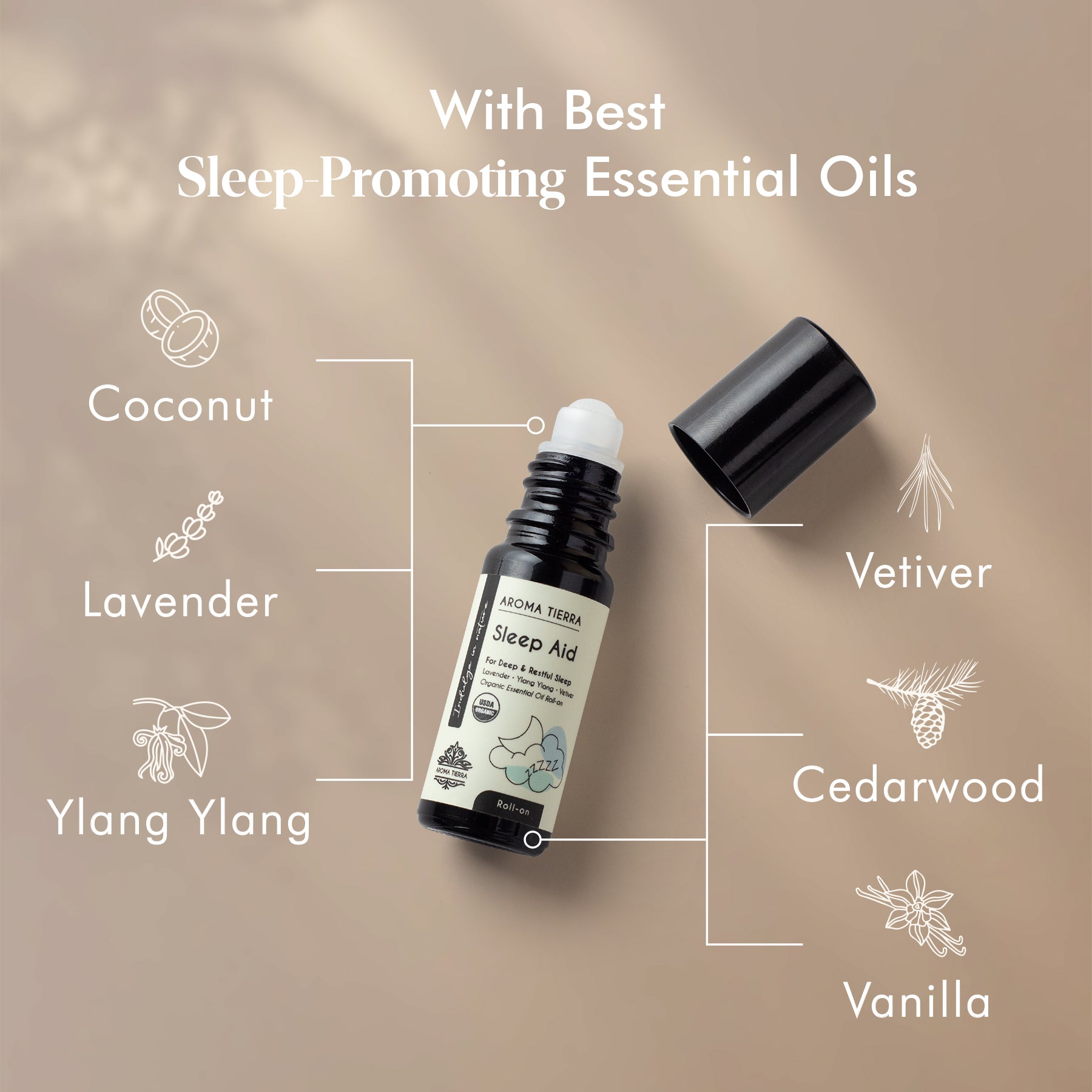 A black roll-on bottle of Aroma Tierra Sleep Aid with white and green labeling, indicating organic ingredients and sleep induction usage with ingredients.