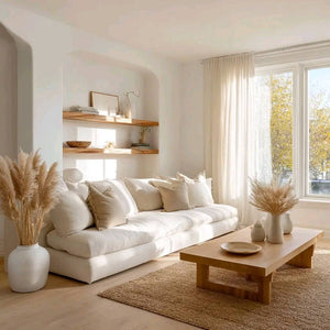 Modern living room with a white sofa, wooden coffee table, and decorative elements.