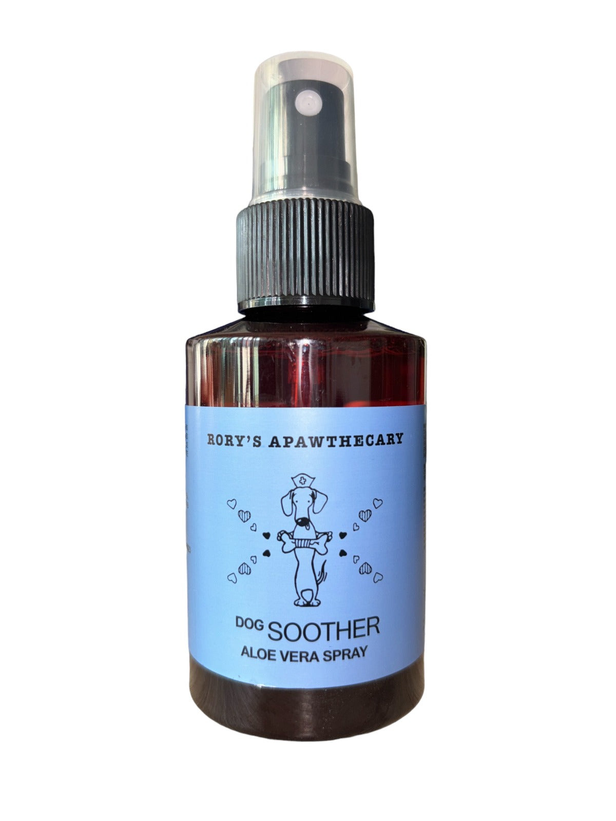A 100ml spray bottle of 'Dog Soother' by Rory's Apothecary, featuring a label with a white background and an illustration of a dog. The product is said to soothe and promote healthy skin in dogs.